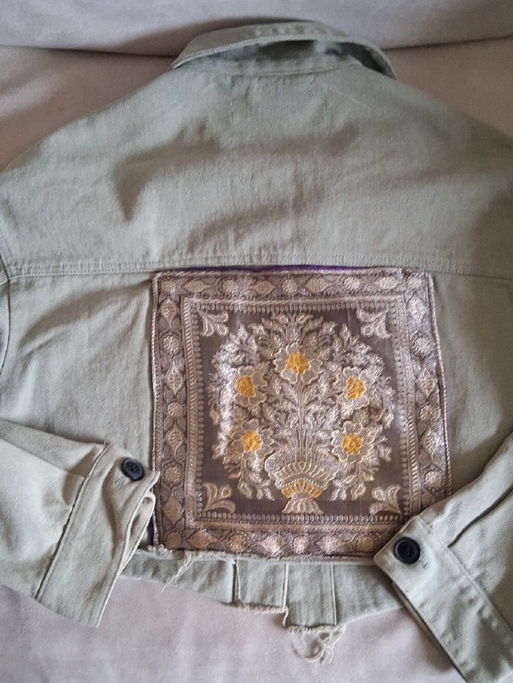 ZARA Khaki Cropped Jean Jacket Upcycled By Vera with Embroidered Silk Patches S